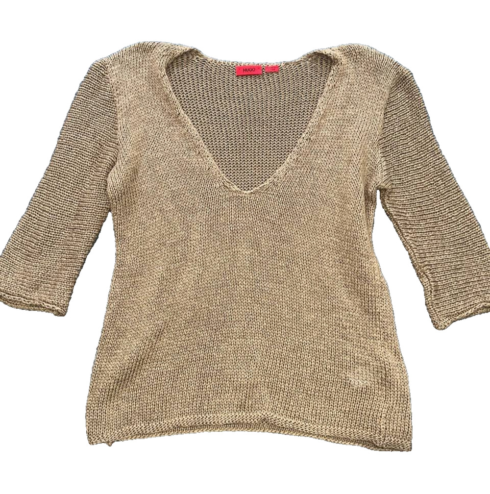 Hugo Boss cotton silk Sweater Brown Open Knit 3/4 Sleeve Pullover Large A011279